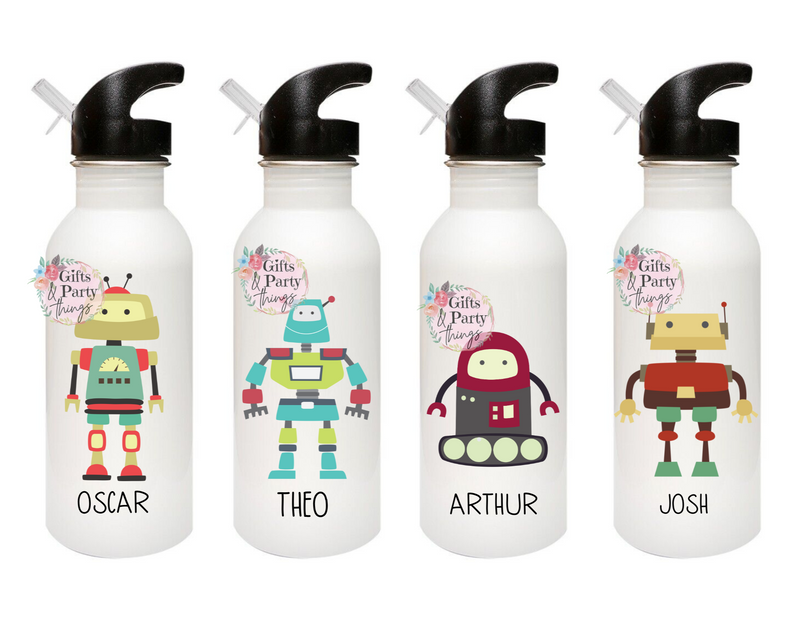 Personalised Robot Water Bottle with Straw