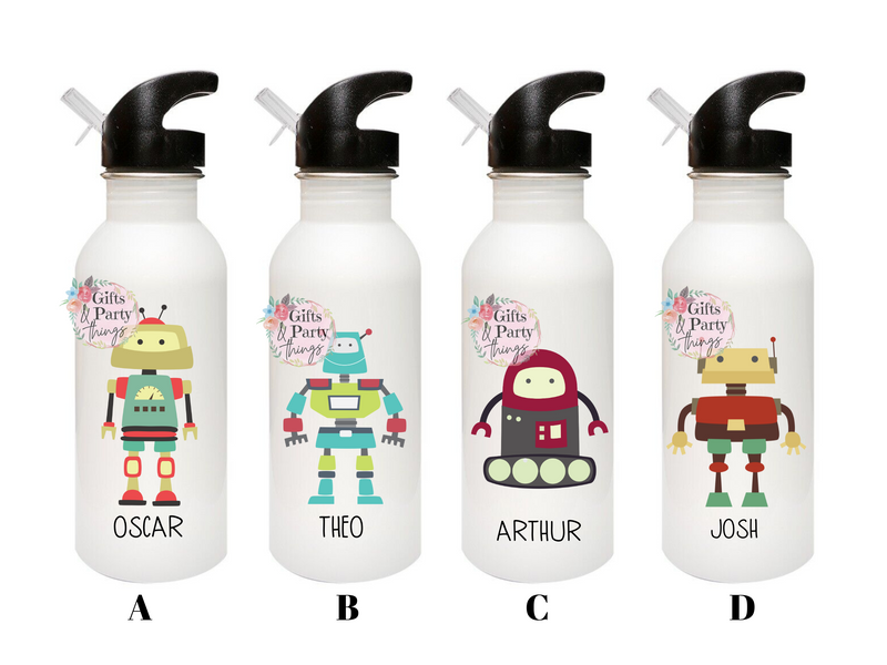 Personalised Robot Water Bottle with Straw