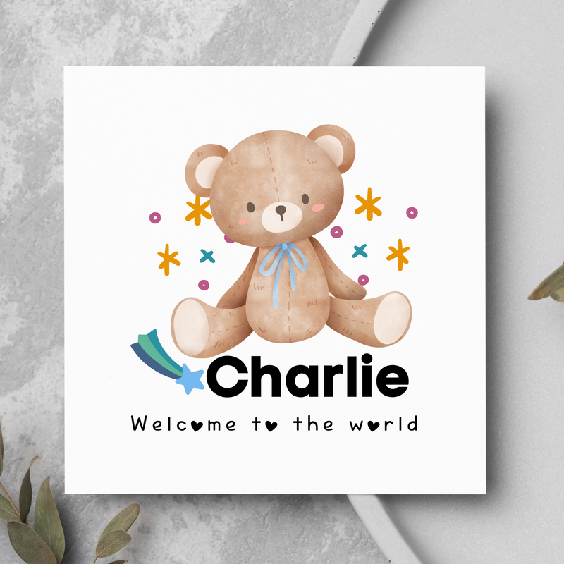 Personalised Welcome To The World New Baby Boy Teddy Bear Card