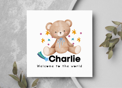 Personalised Welcome To The World New Baby Boy Teddy Bear Card