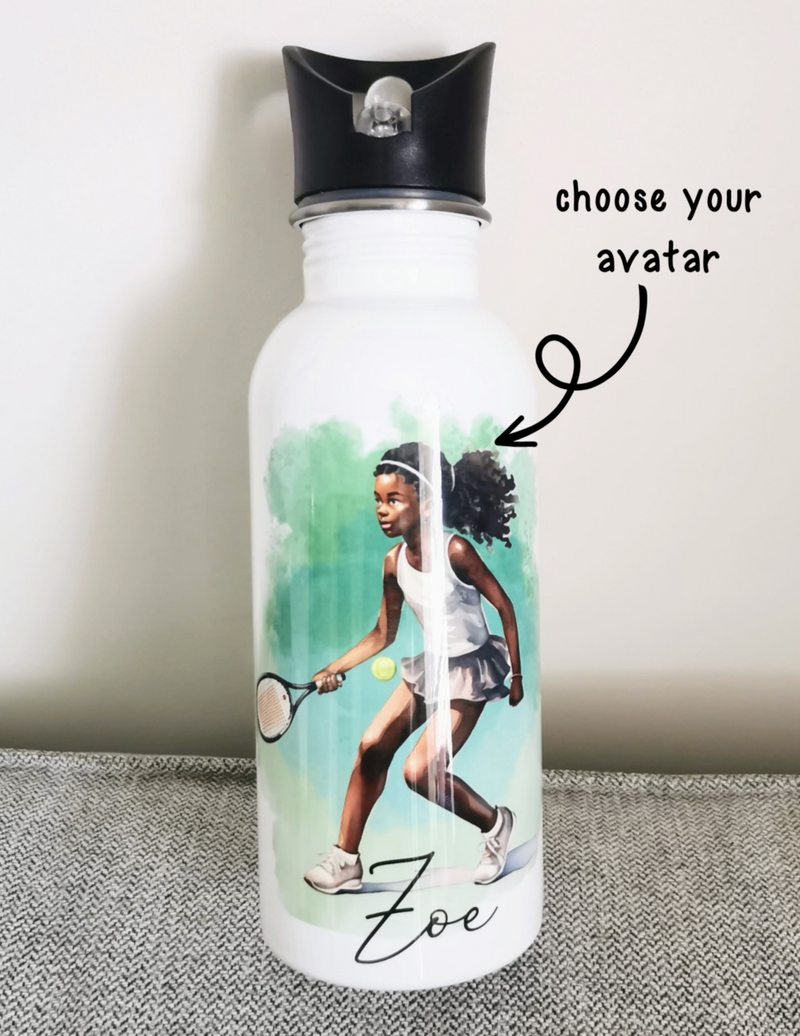 Personalised Tennis Girl Water Bottle with Straw