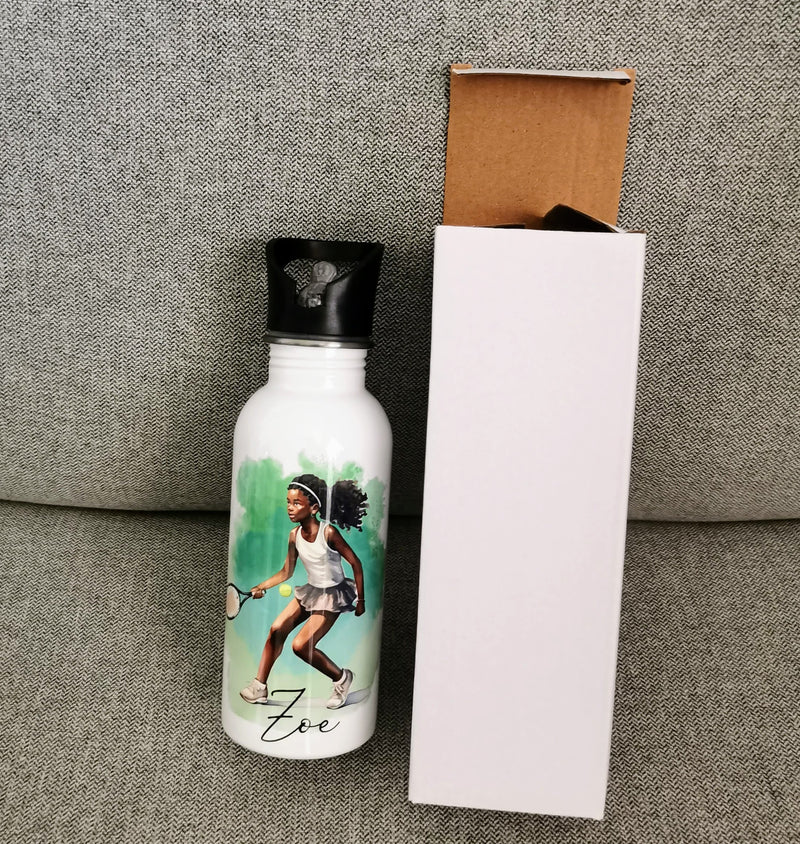 Personalised Tennis Girl Water Bottle with Straw