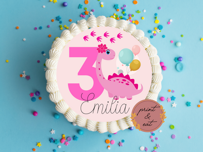 Edible Pre-cut Personalised Pink Dinosaur Icing Sheet