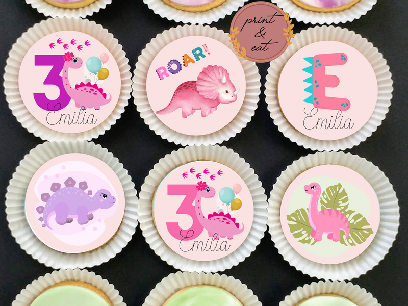 Personalised Edible Pink Dinosaur Cupcake toppers