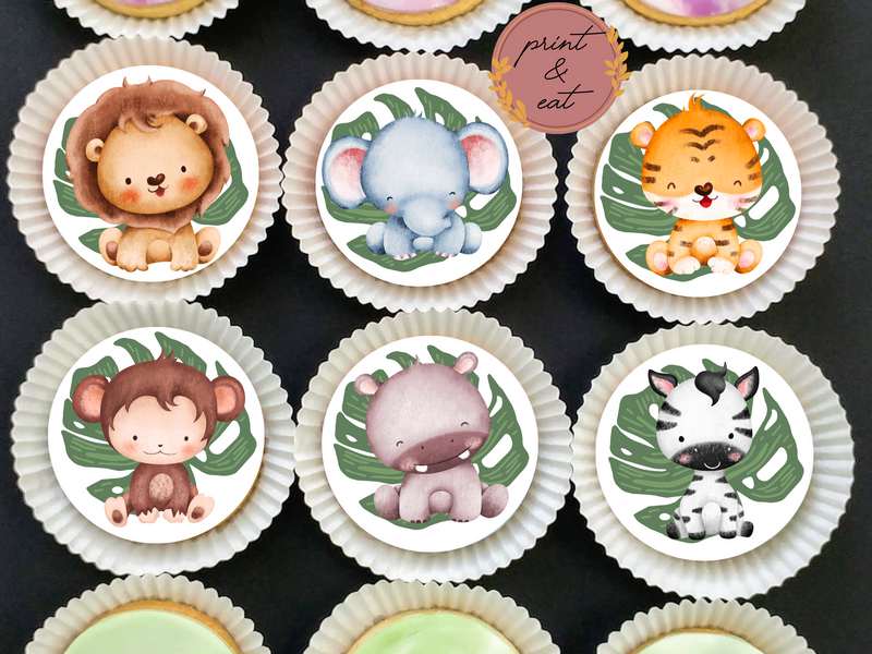 Personalised Edible Jungle Animals Cupcake toppers with white, green or pink background