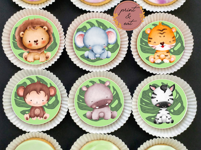 Personalised Edible Jungle Animals Cupcake toppers with white, green or pink background