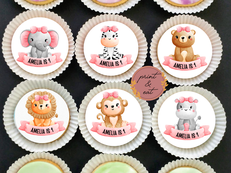 Personalised Edible Pink Jungle Animals Cupcake toppers