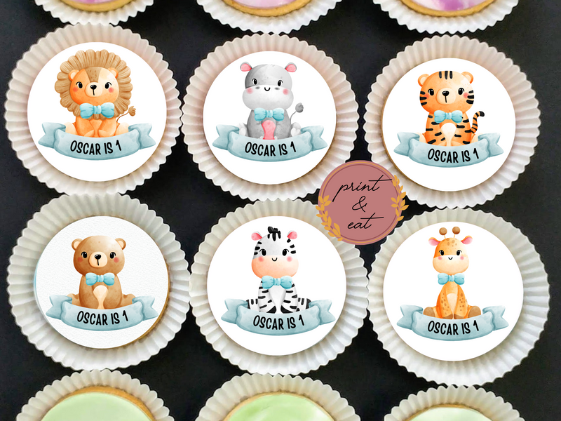 Personalised Blue Edible Jungle Animals Cupcake toppers