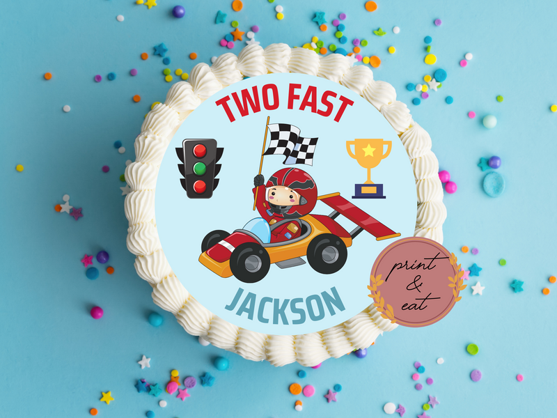 Edible Pre-cut Personalised Two Fast Race Car Icing Sheet