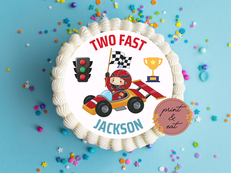 Edible Pre-cut Personalised Two Fast Race Car Icing Sheet