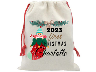 Personalised First Christmas Linen Gifts Sack