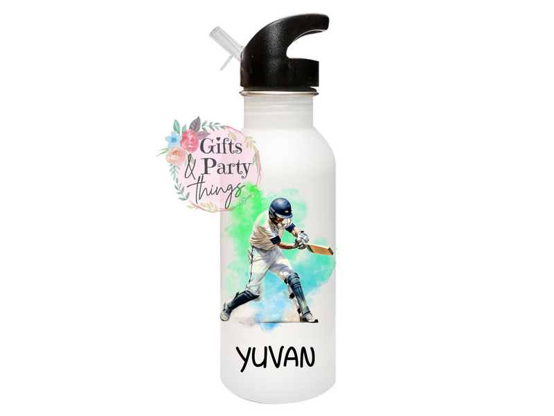 Personalised Cricket Player Water Bottle with Straw