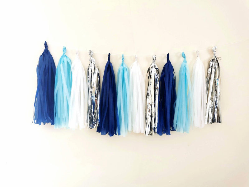 Custom Blue & Silver themed Paper Tassel Garland | Blue White Silver Tassels | Price 1st Birthday Party Supplies | Royal Paper Tassels - giftsandpartythings