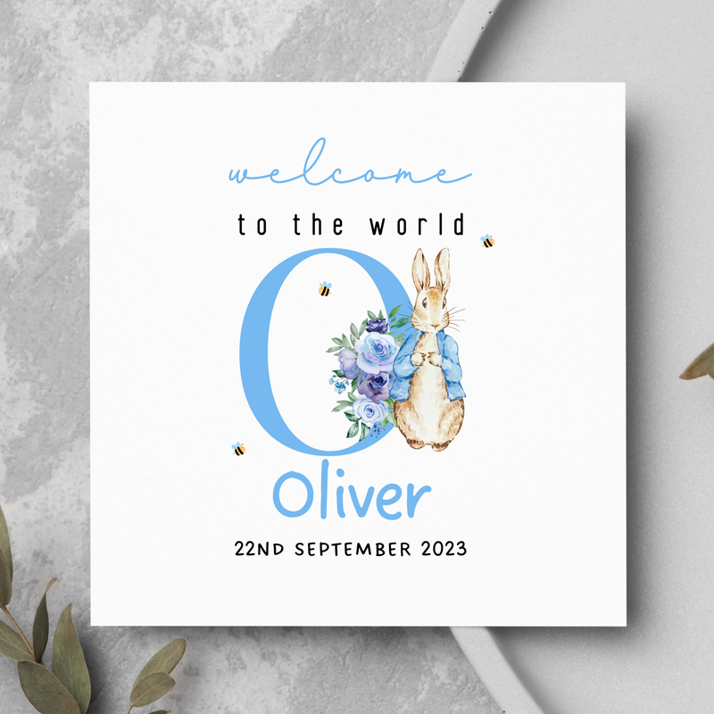 Personalised Welcome To The World New Baby Boy Bunny Rabbit Initial Card