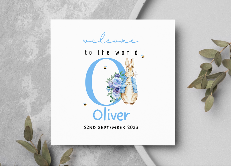 Personalised Welcome To The World New Baby Boy Bunny Rabbit Initial Card