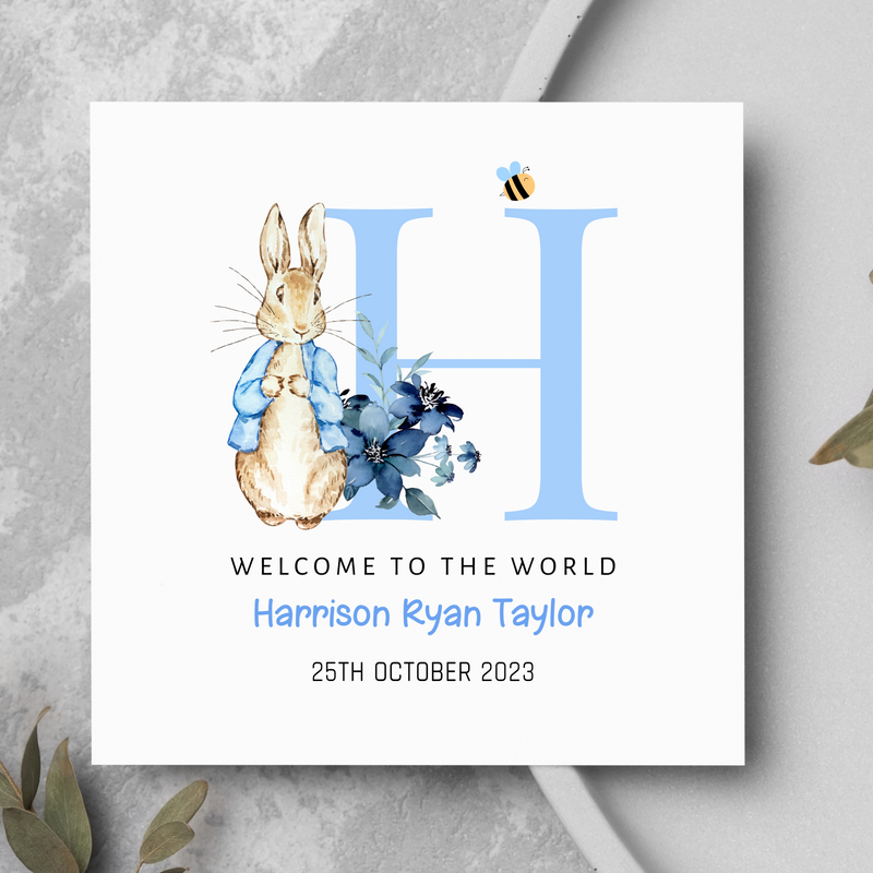 Personalised Welcome To The World New Baby Boy Bunny Rabbit Initial Card