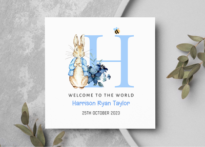 Personalised Welcome To The World New Baby Boy Bunny Rabbit Initial Card