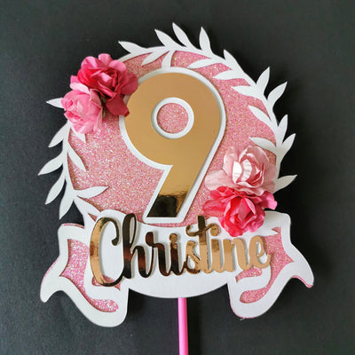 Personalised pink floral cake topper - Any Age