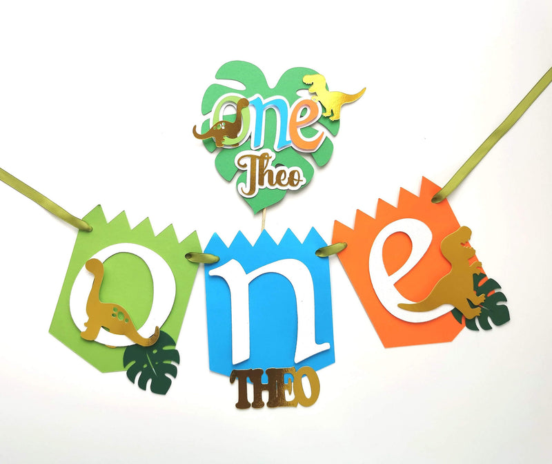 Personalised Dinosaur Cake topper & Highchair Banner Bundle