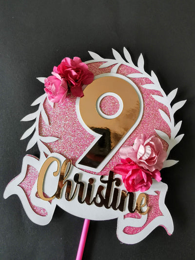 Personalised pink floral cake topper - Any Age