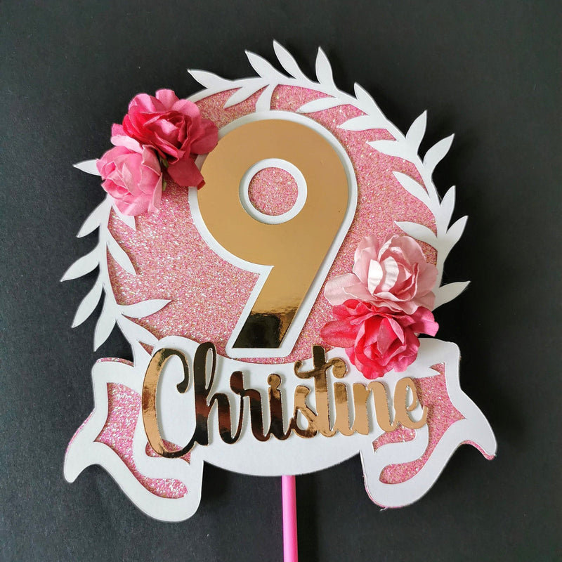 Personalised pink floral cake topper - Any Age