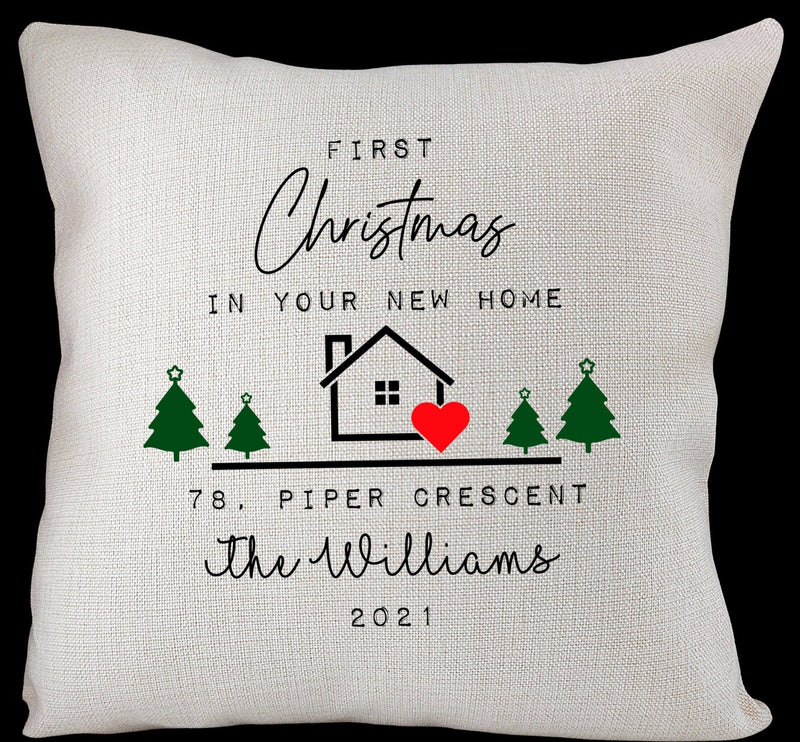 personalised first christmas in your new home cushion