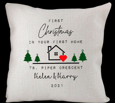 personalised first christmas in your first home cushion