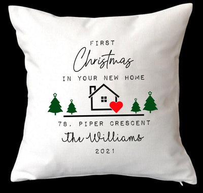 personalised first christmas in your new home cushion