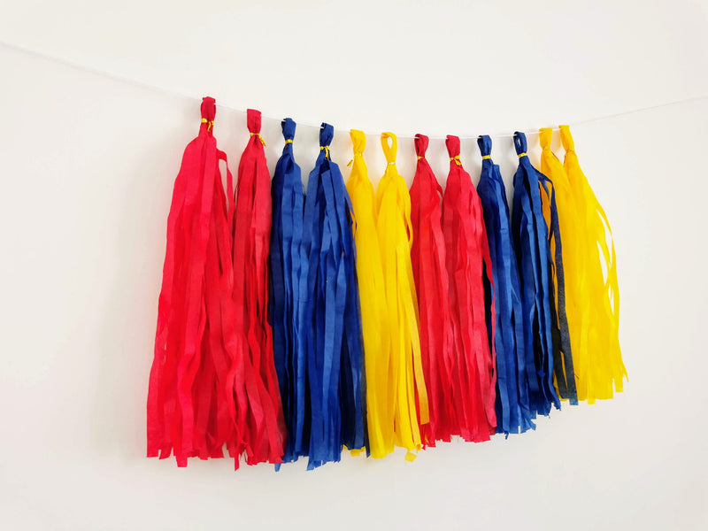 Custom Superhero theme Paper Tassel Garland | Red Blue Yellow Tassels | Superhero Birthday Party Supplies | Superhero Paper Tassels