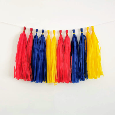 Custom Superhero theme Paper Tassel Garland | Red Blue Yellow Tassels | Superhero Birthday Party Supplies | Superhero Paper Tassels