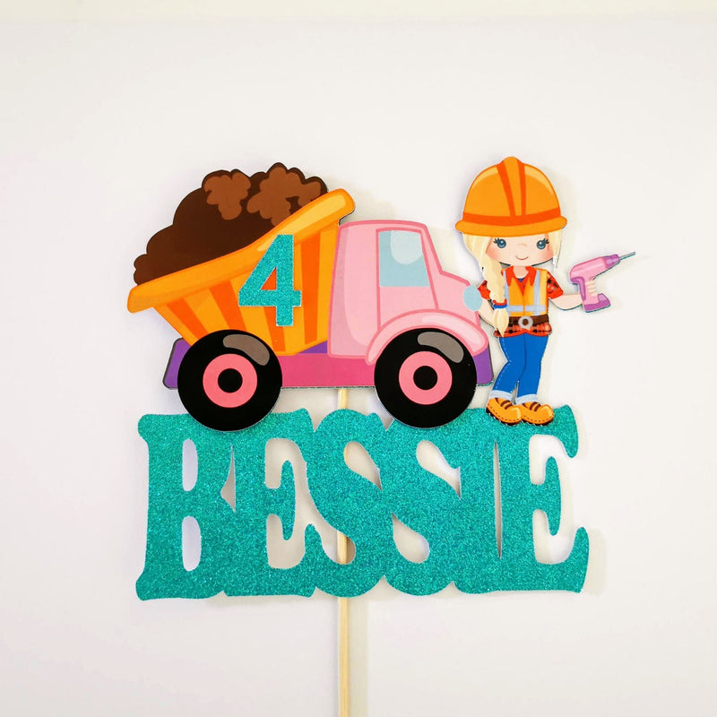 Personalised Girl Construction Truck Cake topper