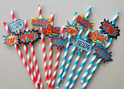 Custom Blue Superhero Paper Straws