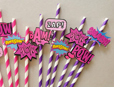 Custom Pink Superhero Paper Straws