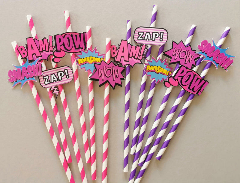 Custom Pink Superhero Paper Straws