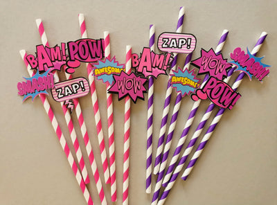 Custom Pink Superhero Paper Straws