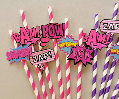 Custom Pink Superhero Paper Straws